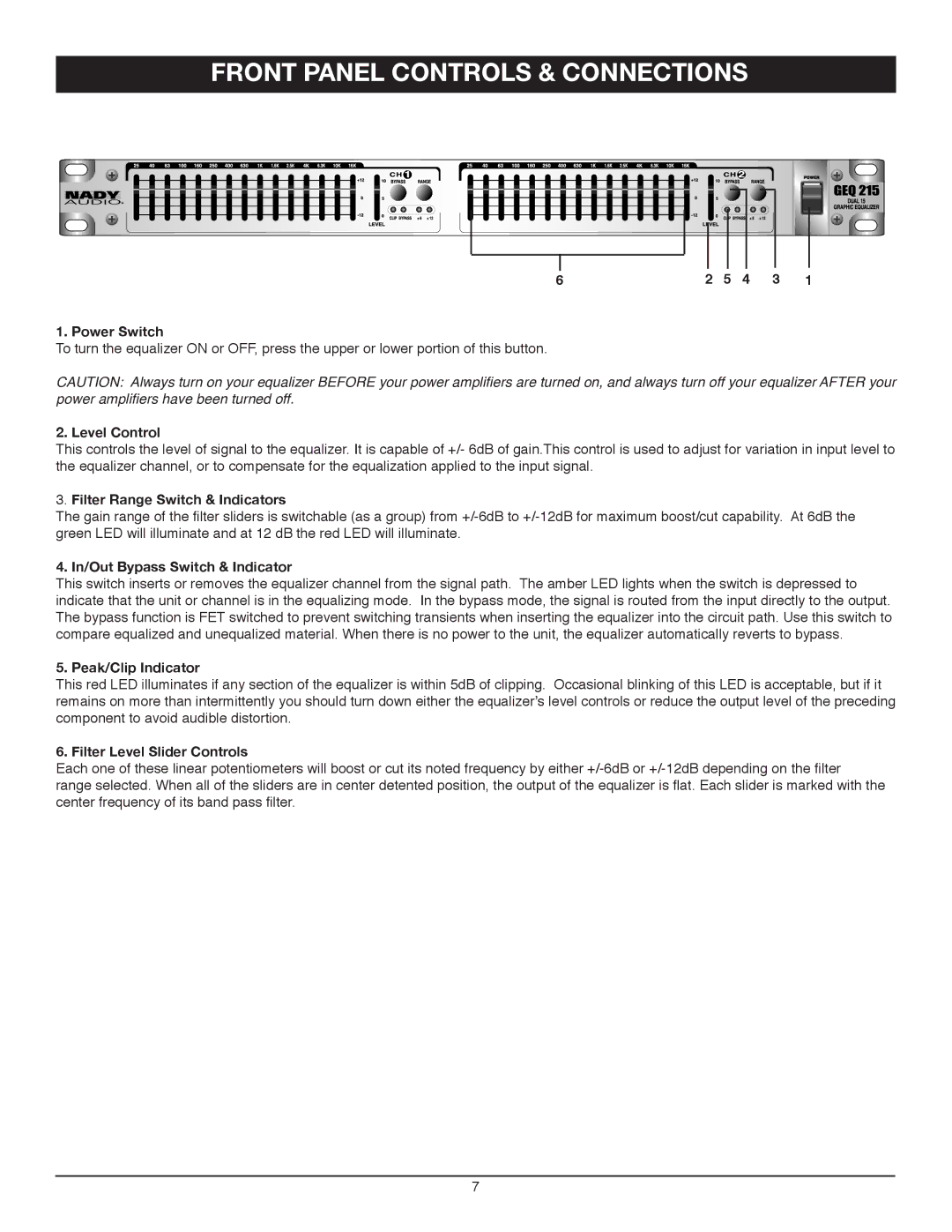 Nady Systems GEQ 215 owner manual Front Panel Controls & Connections, Level Control 