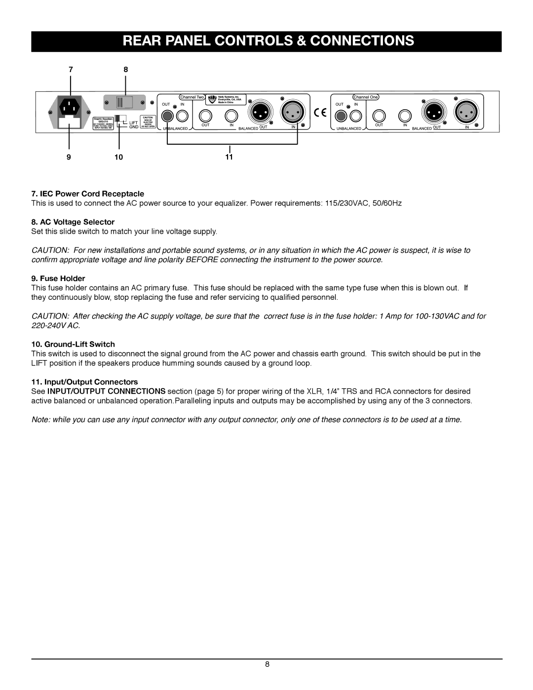 Nady Systems GEQ 215 owner manual Rear Panel Controls & Connections, IEC Power Cord Receptacle 