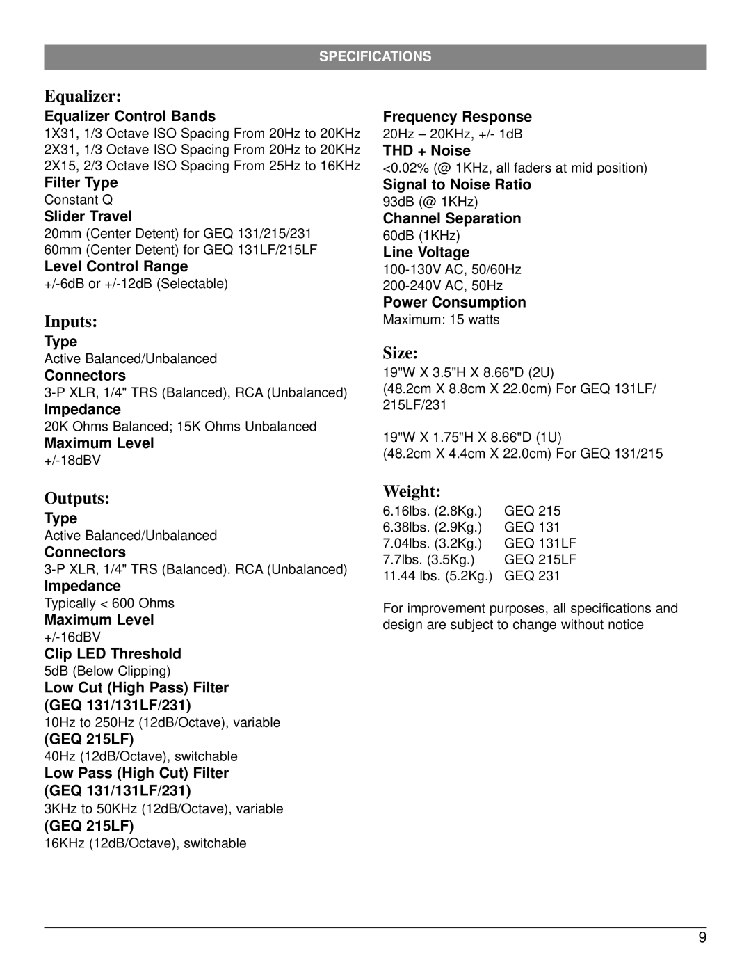 Nady Systems GEQ 231, GEQ 131LF, GEQ 215LF owner manual Equalizer, Inputs, Outputs, Size, Weight 