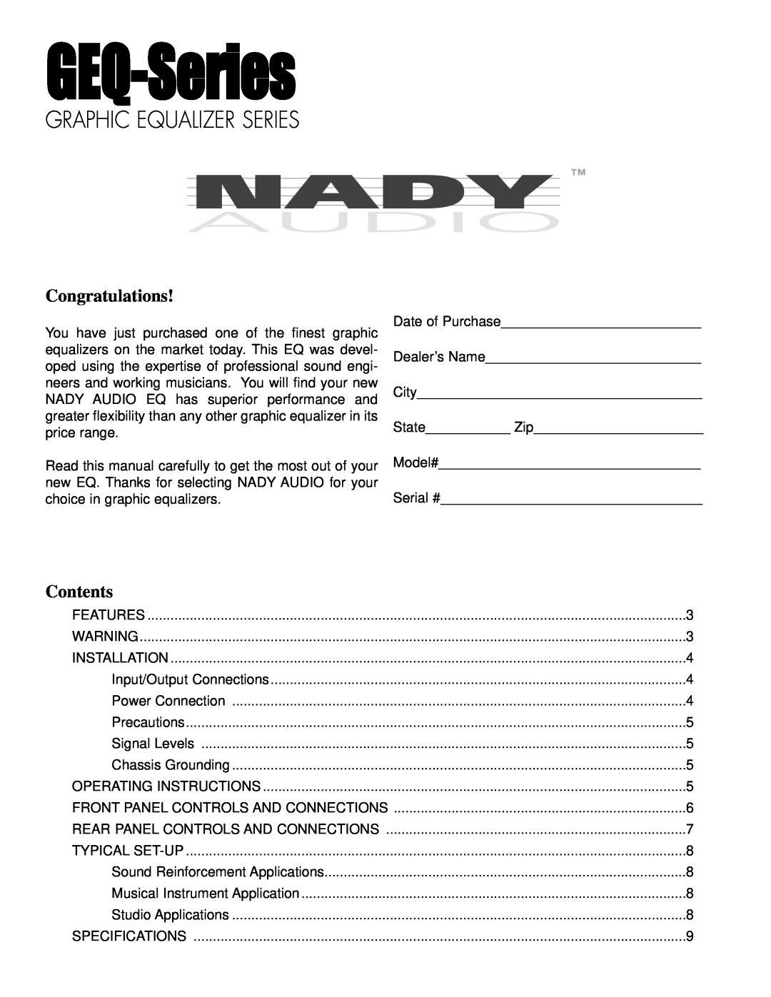 Nady Systems GEQ 215LF, GEQ 231, GEQ 131LF owner manual Congratulations, GEQ-Series, Graphic Equalizer Series, Contents 