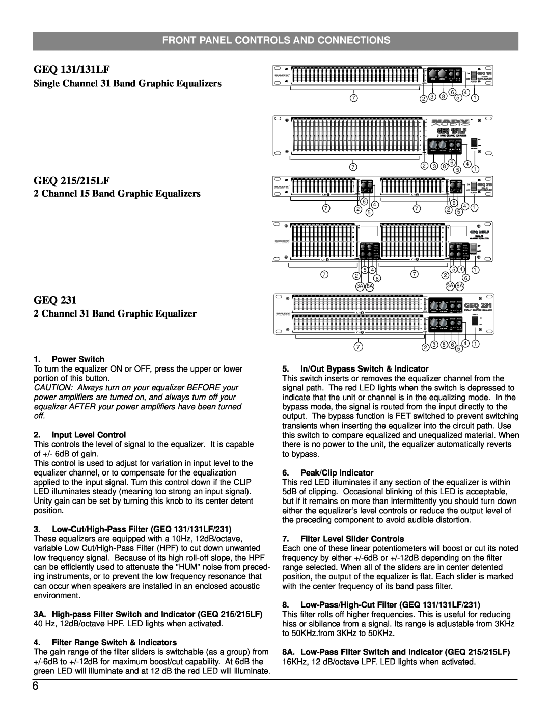 Nady Systems GEQ 131LF, GEQ 231, GEQ 215LF owner manual GEQ 131/131LF, GEQ 215/215LF, Front Panel Controls And Connections 