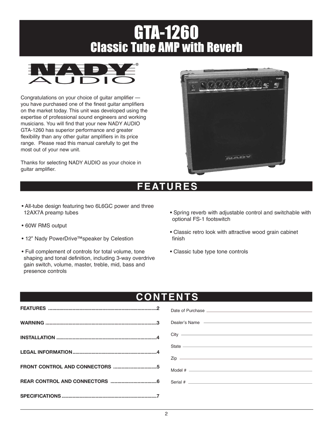 Nady Systems GTA-1260 owner manual At U R E S, N T E N T S 