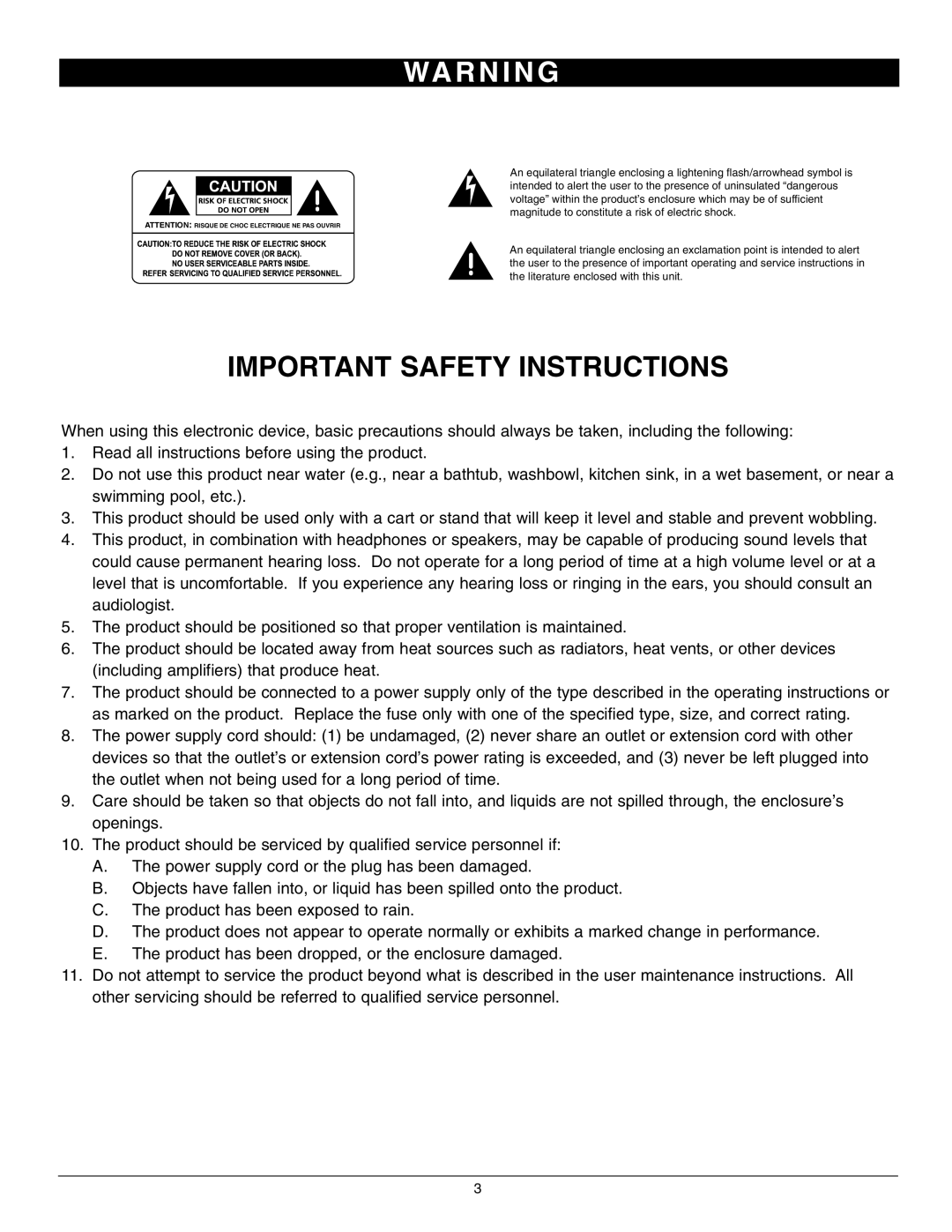 Nady Systems GTA-1260 owner manual Wa R N I N G, Important Safety Instructions 