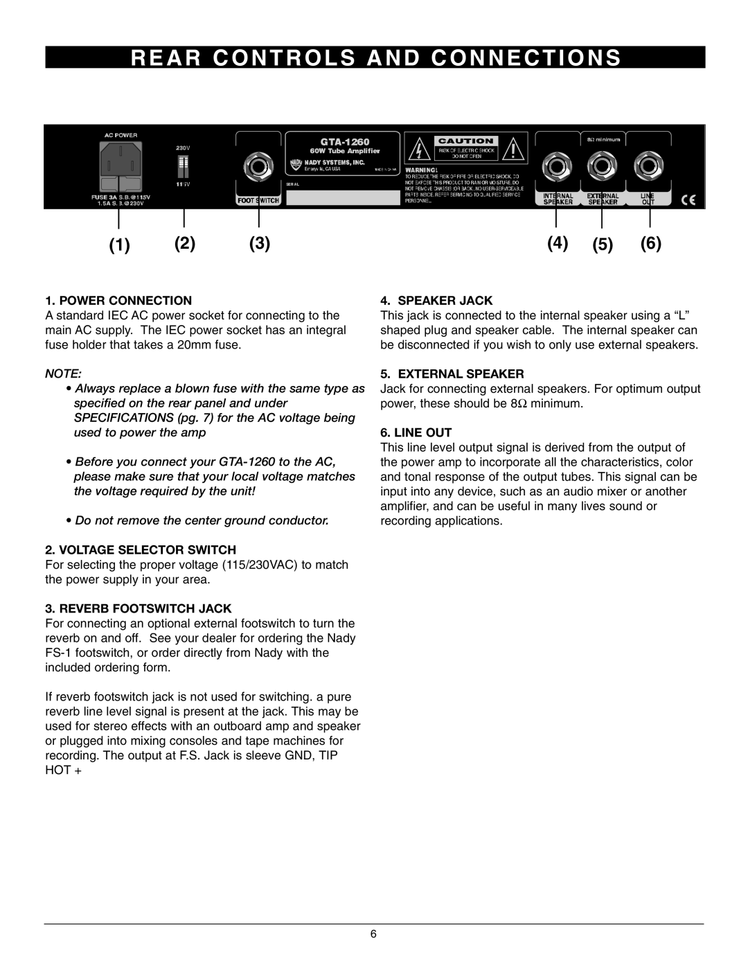 Nady Systems GTA-1260 owner manual A R C O N T R O L S a N D C O N N E C T I O N S 