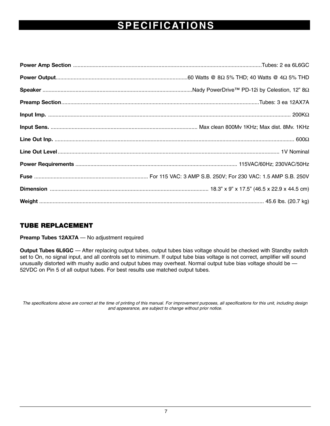 Nady Systems GTA-1260 owner manual E C I F I C At I O N S, Tube Replacement 