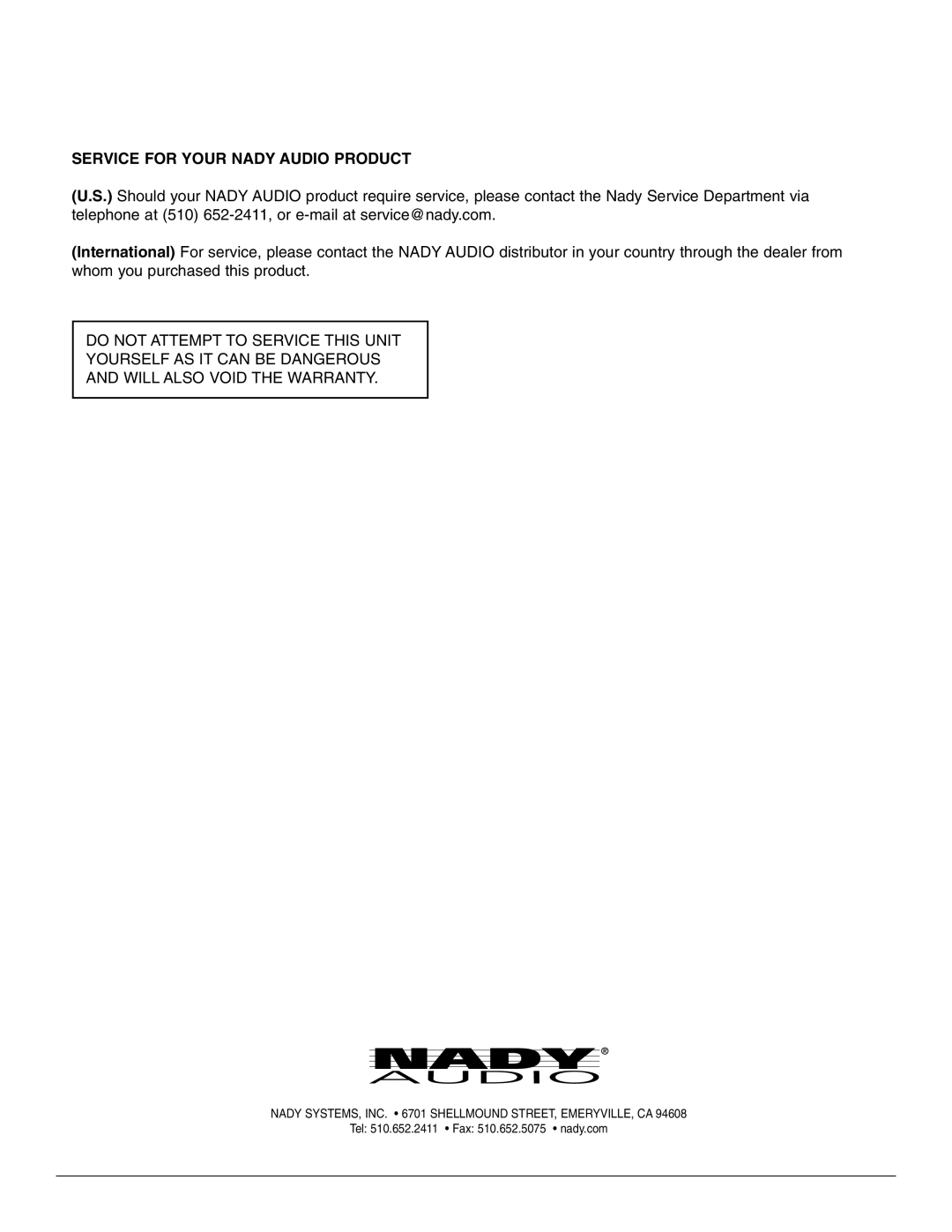 Nady Systems GTA-1260 owner manual Service for Your Nady Audio Product 