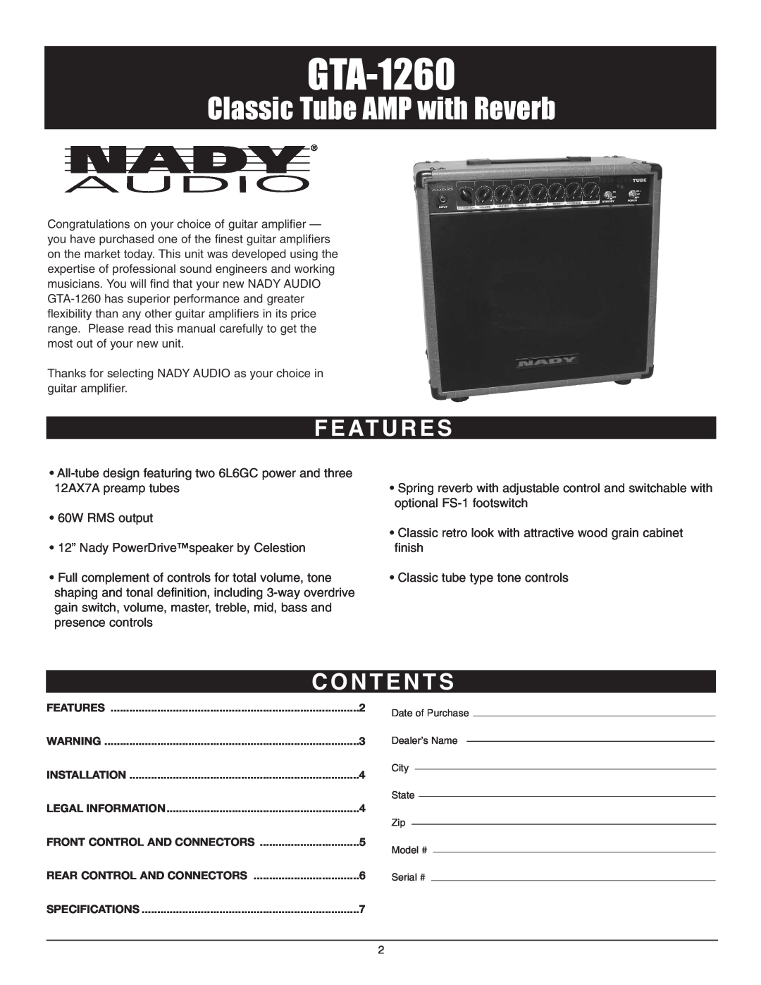 Nady Systems GTA-1260 owner manual F E At U R E S, C O N T E N T S, Classic Tube AMP with Reverb 