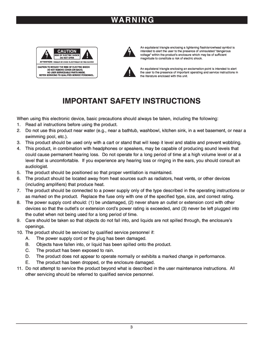 Nady Systems GTA-1260 owner manual Wa R N I N G, Important Safety Instructions 