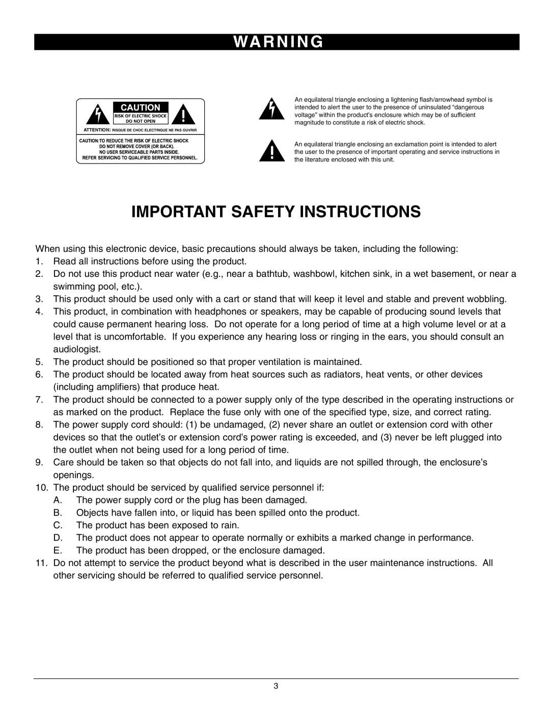 Nady Systems GTH-100 owner manual Wa R N I N G, Important Safety Instructions 