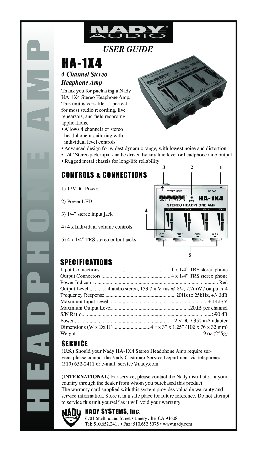 Nady Systems HA1X4 specifications M P, A D P, Controls & Connections, Specifications, Service 