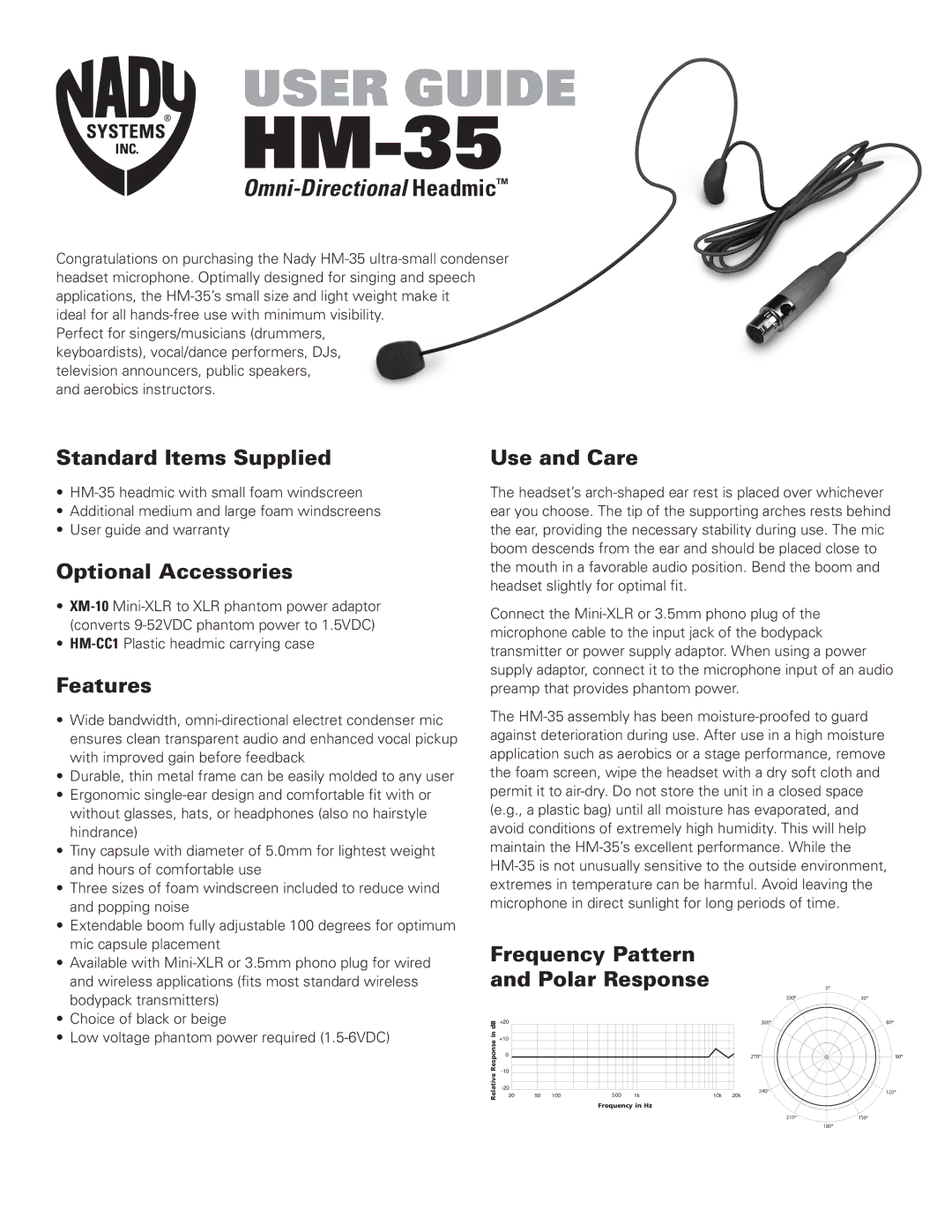 Nady Systems HM-35 warranty Standard Items Supplied, Optional Accessories, Features, Use and Care 