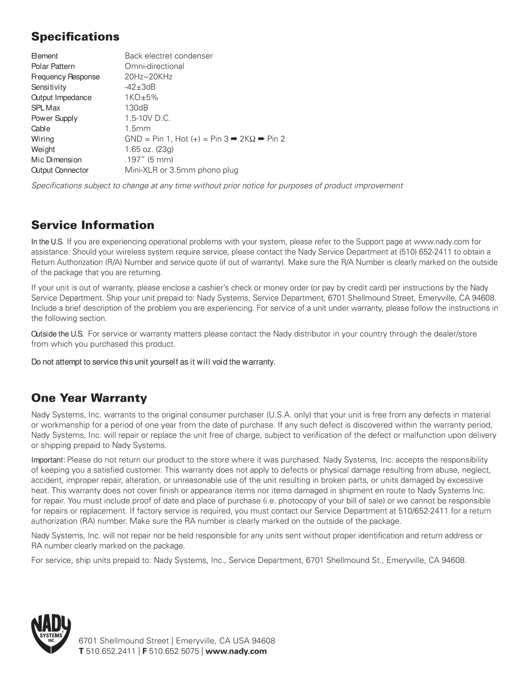 Nady Systems HM-35 warranty Specifications, Service Information, One Year Warranty 