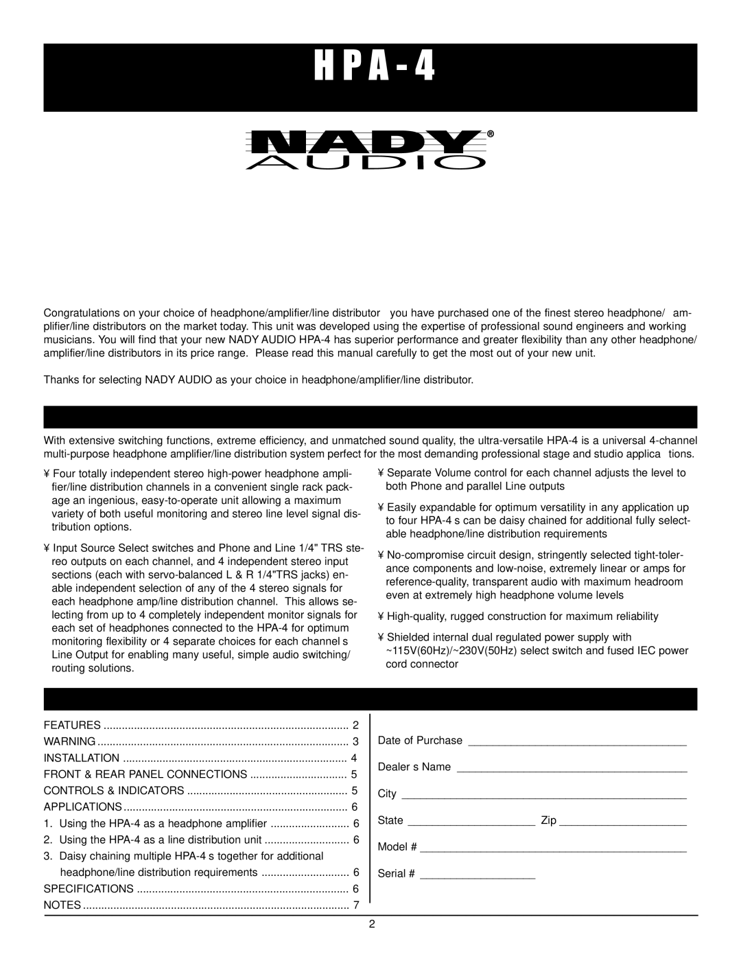 Nady Systems HPA-4 manual Features, Table of Contents 