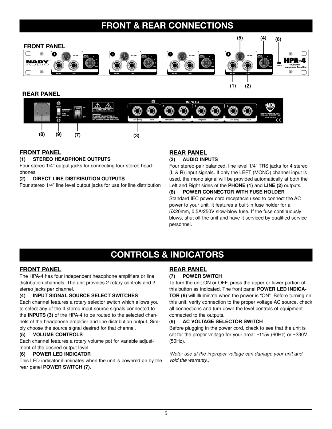 Nady Systems HPA-4 manual Front & Rear Connections, Controls & Indicators, Front Panel Rear Panel 