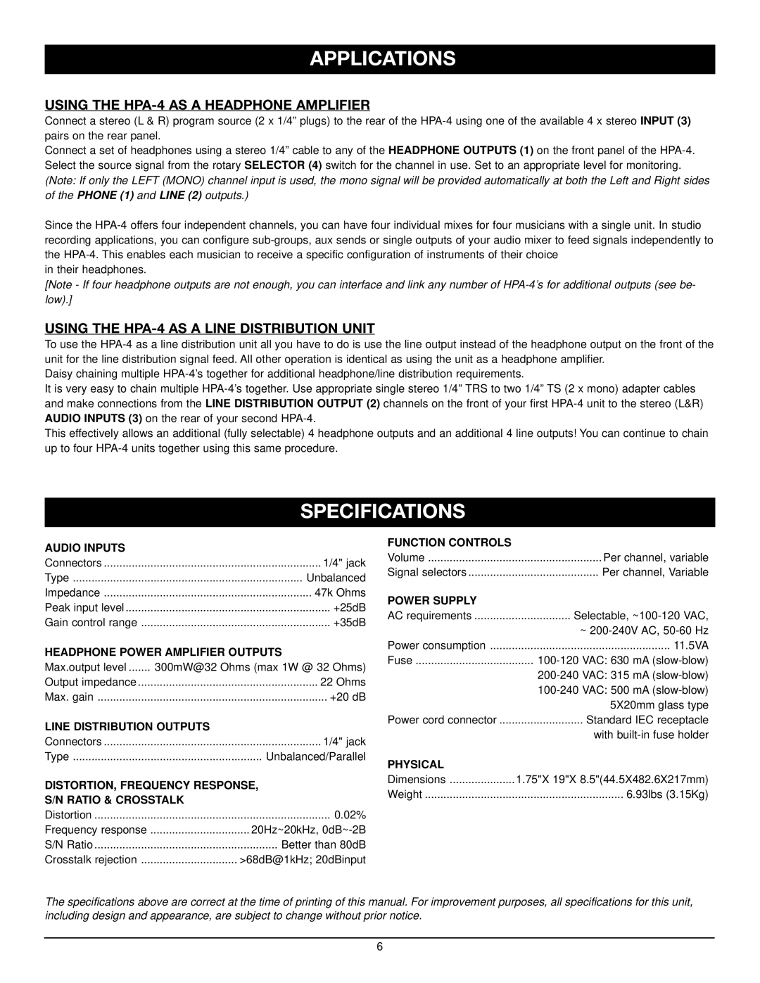 Nady Systems manual Applications, Specifications, Using the HPA-4 AS a Headphone Amplifier 