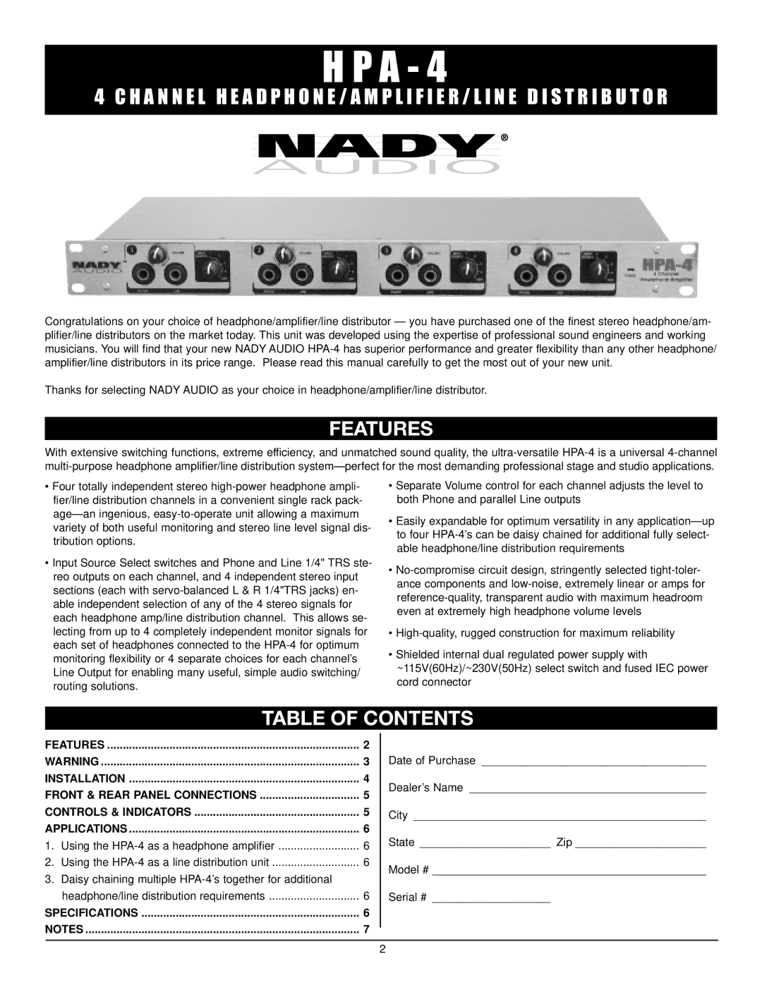 Nady Systems HPA-4 manual Features, Table of Contents 