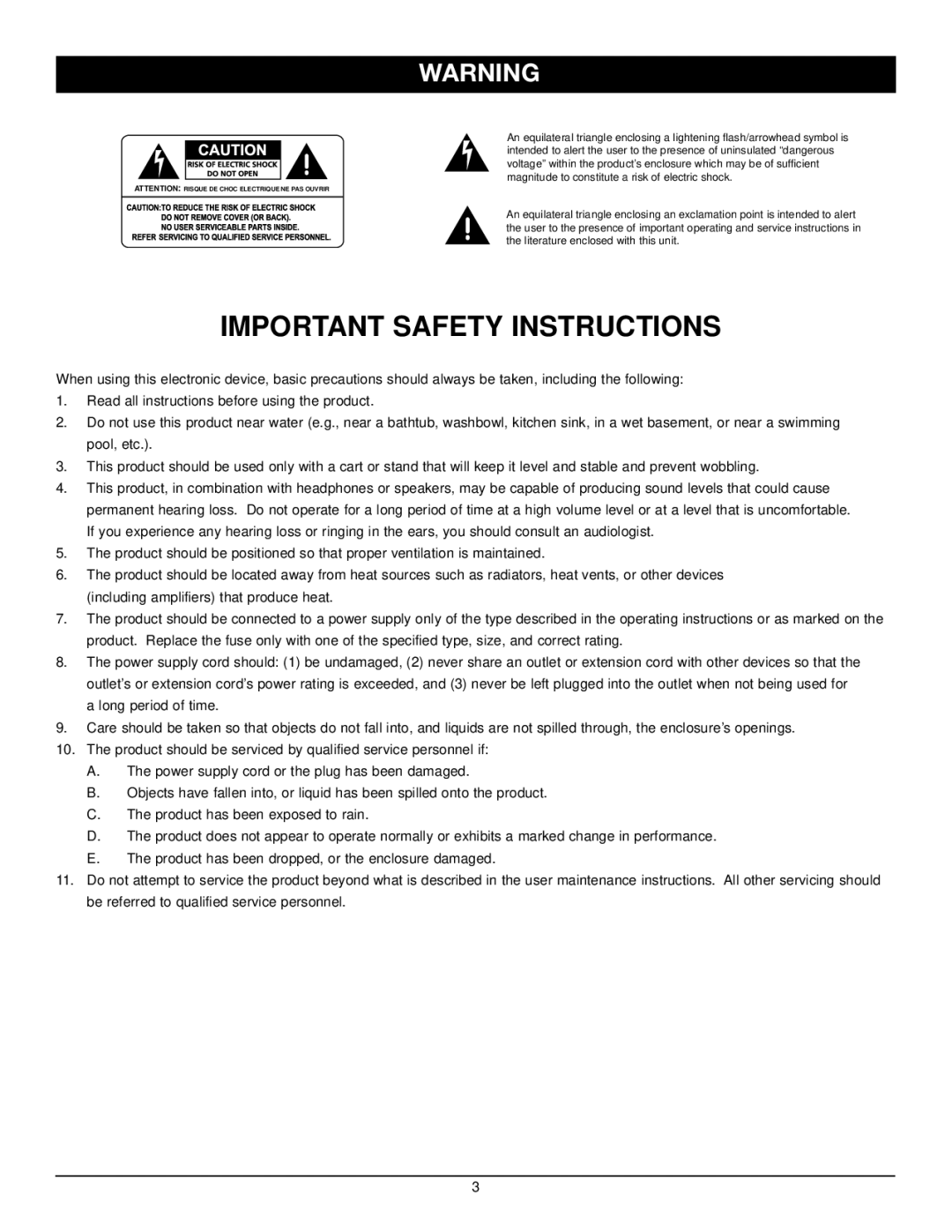 Nady Systems HPA-4 manual Important Safety Instructions 