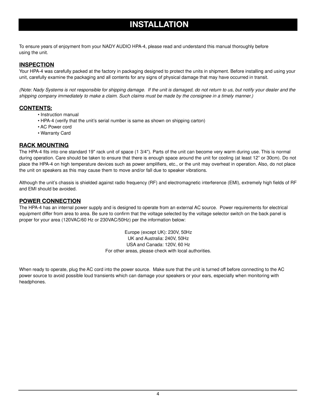 Nady Systems HPA-4 manual Installation, Inspection, Contents, Rack Mounting, Power Connection 