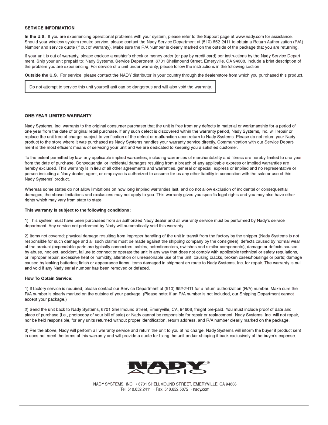 Nady Systems HPA-4 manual Service Information 