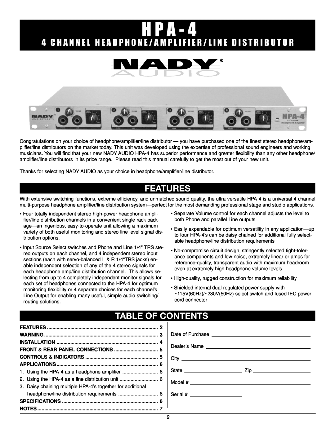 Nady Systems HPA-4 manual Features, Table Of Contents, H P A 