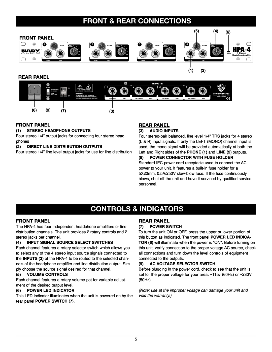 Nady Systems HPA-4 manual Front & Rear Connections, Controls & Indicators, Front Panel, Rear Panel 