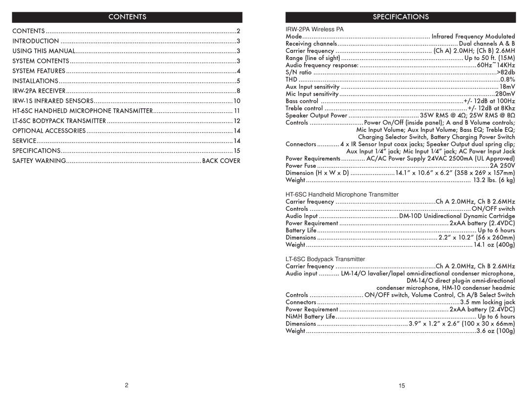 Nady Systems IRW-2PA owner manual Contents, Specifications 