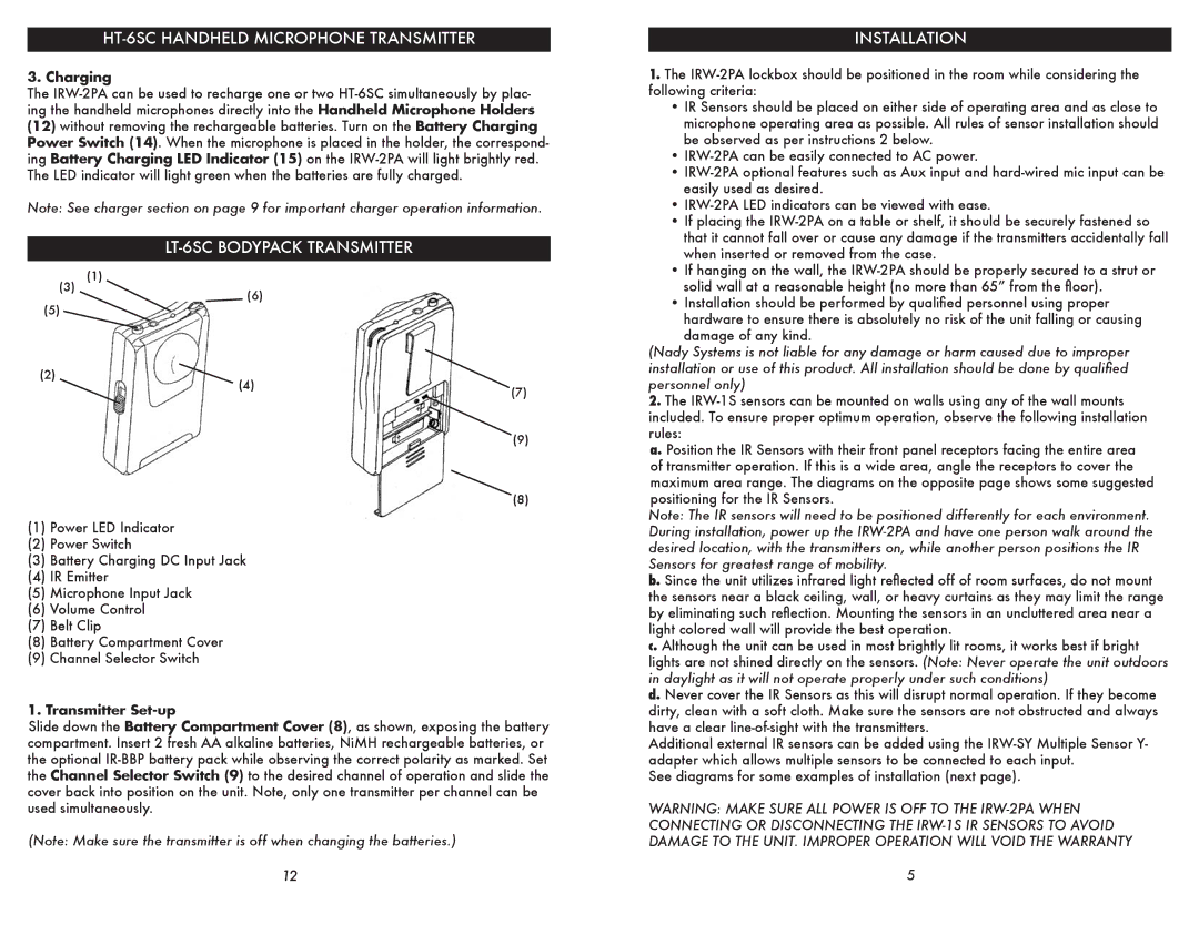 Nady Systems IRW-2PA owner manual HT-6SC Handheld Microphone Transmitter, Installation, Transmitter Set-up 