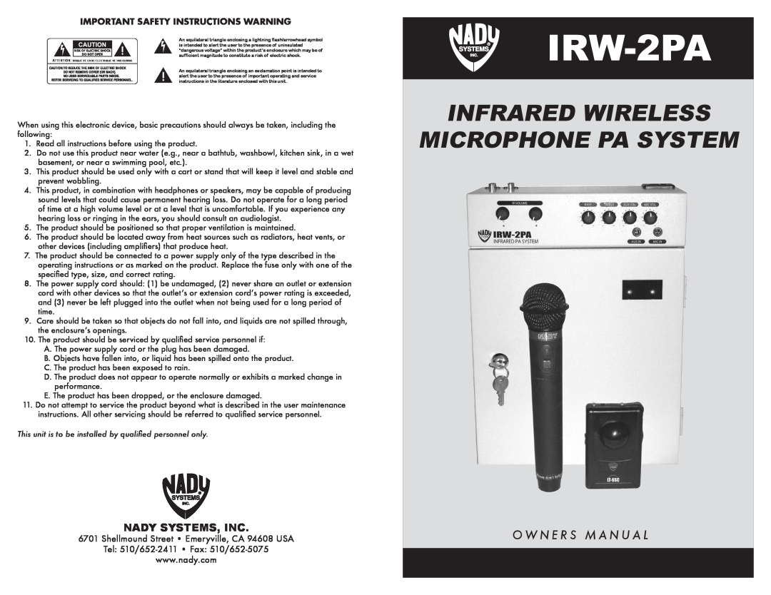 Nady Systems IRW-2PA owner manual Nady Systems, Inc, Important Safety Instructions Warning, O W N E R S M A N U A L 