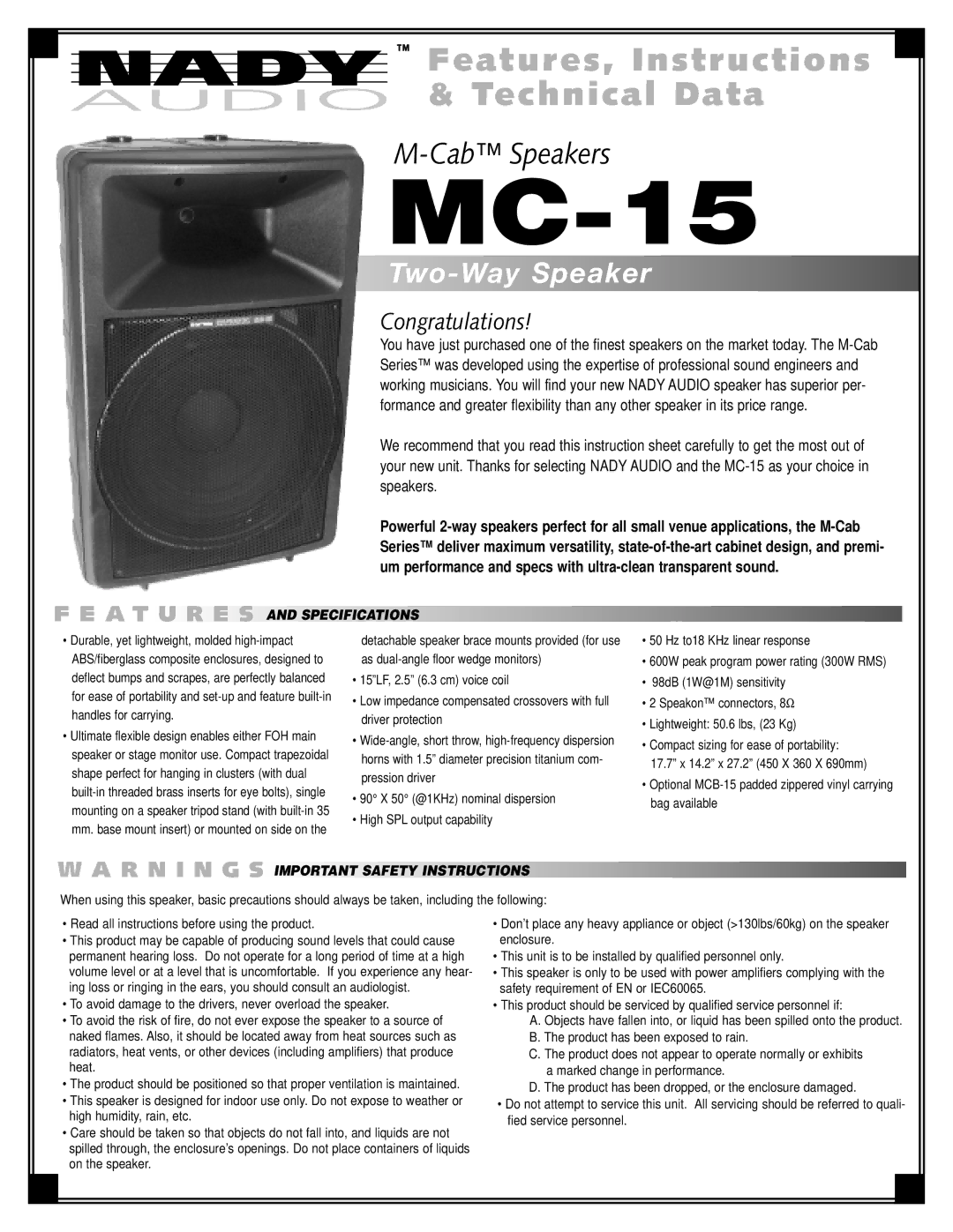 Nady Systems MC-15 important safety instructions A T U R E S, Important Safety Instructions 