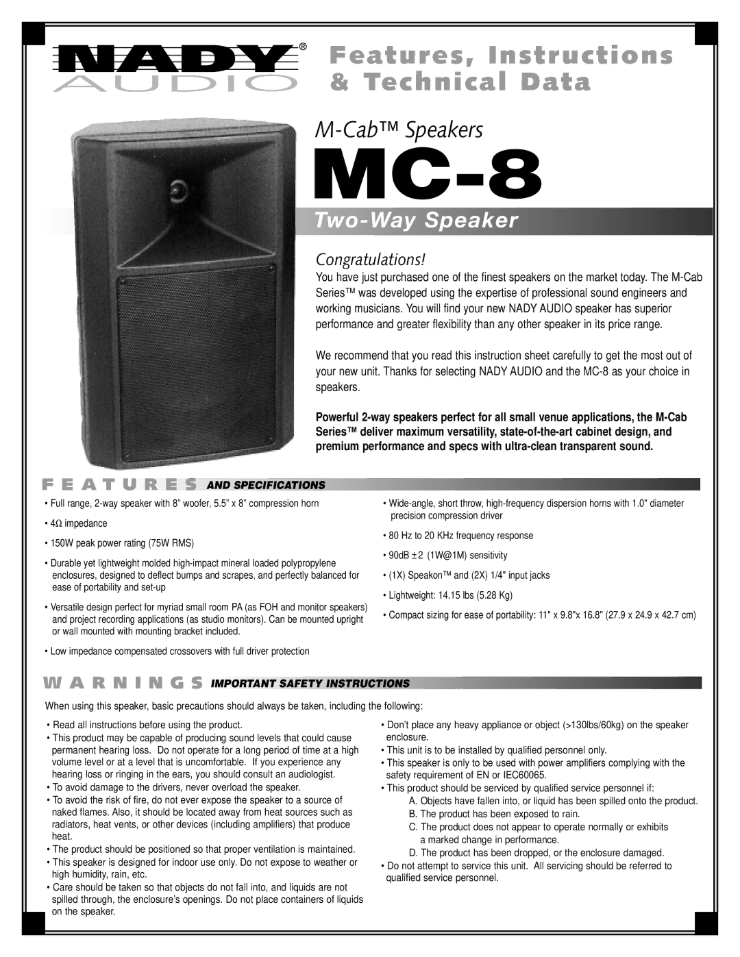 Nady Systems MC-8 important safety instructions A T U R E S, Specifications, R N I N G S Important Safety Instructions 