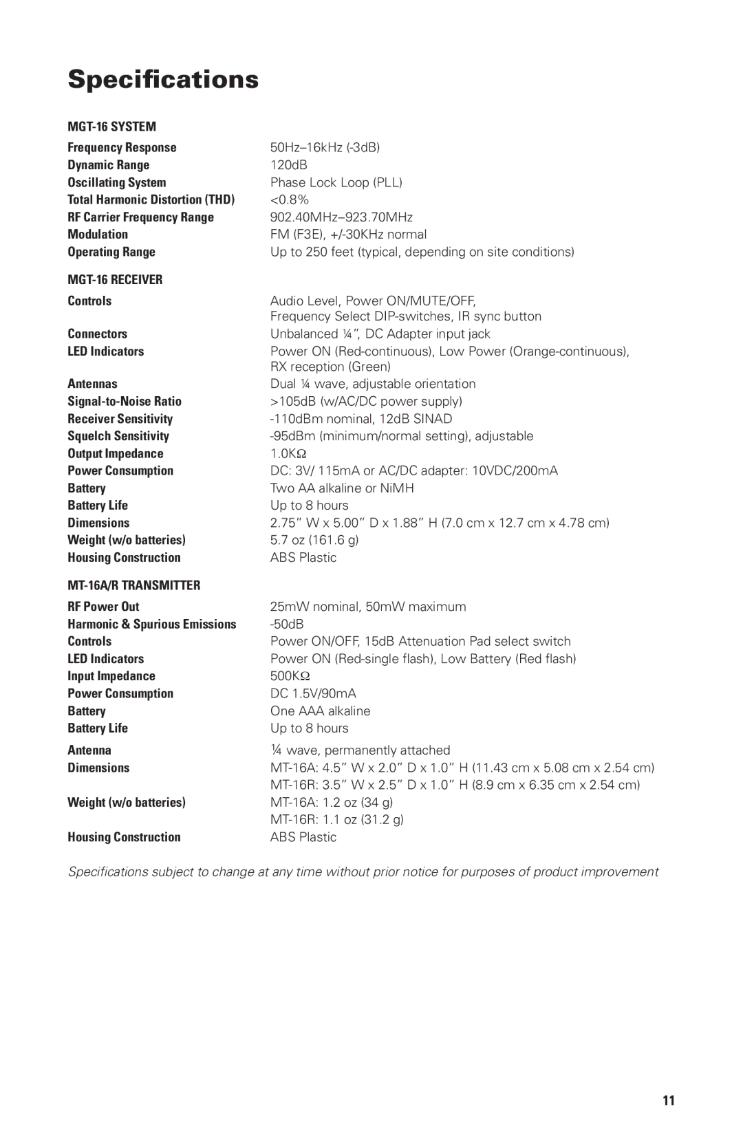 Nady Systems MGT16A, MGT16R owner manual Specifications 