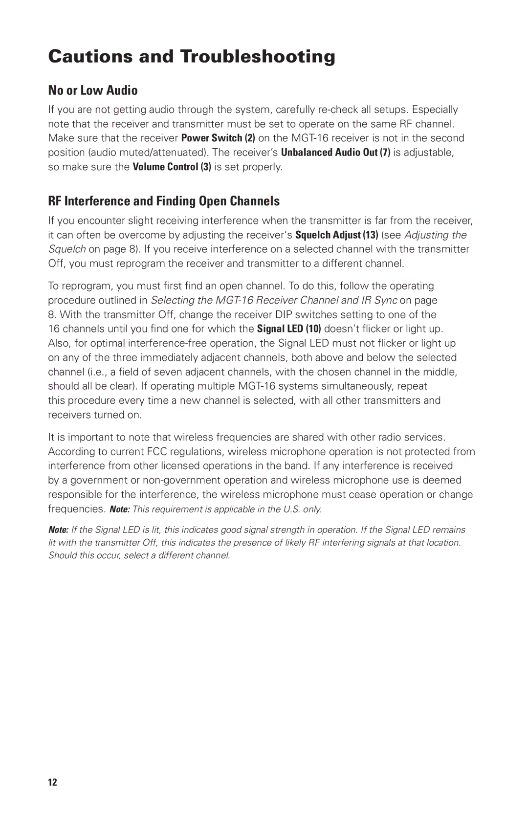 Nady Systems MGT16R, MGT16A owner manual No or Low Audio, RF Interference and Finding Open Channels 