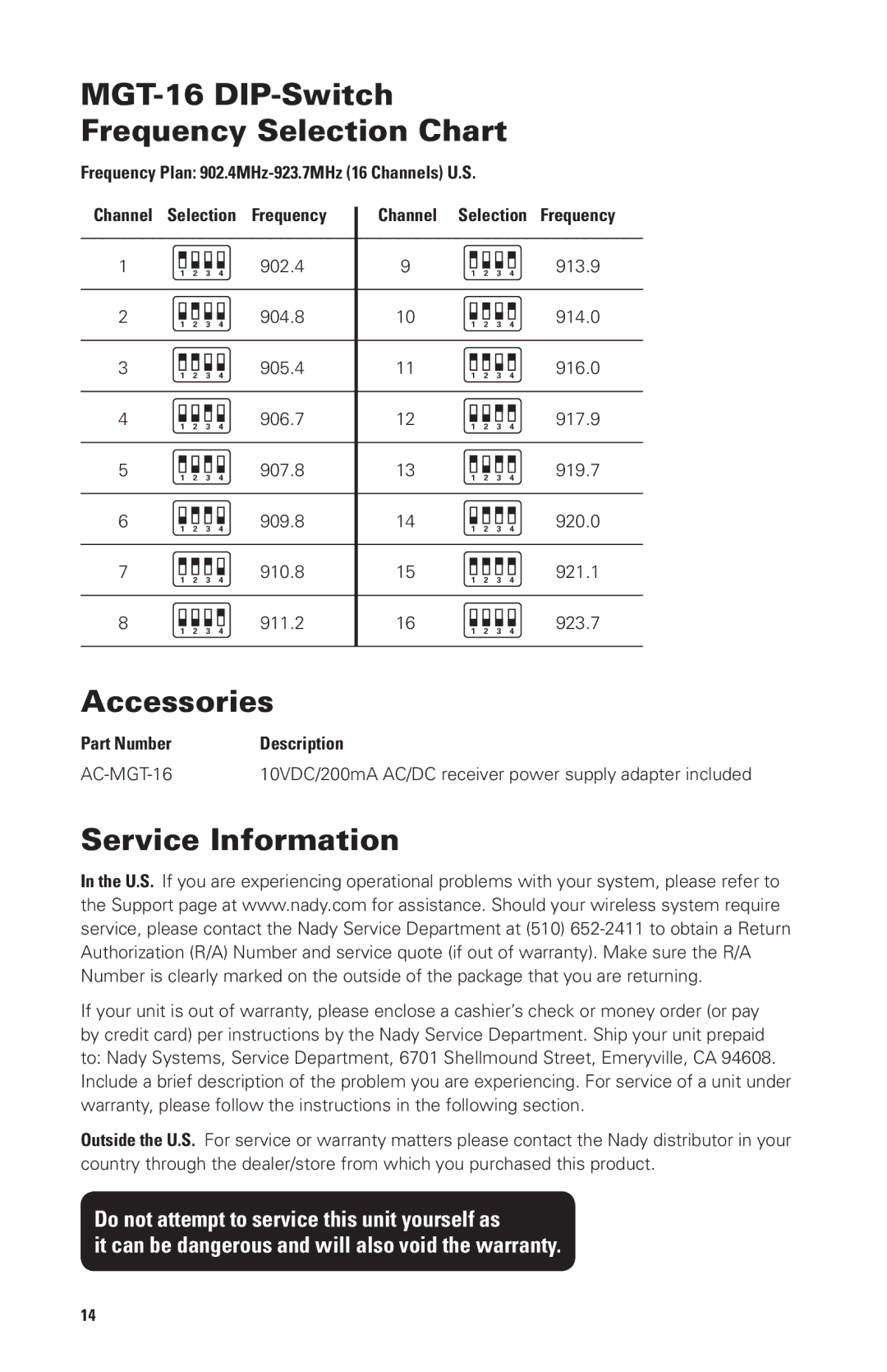 Nady Systems MGT16A, MGT16R owner manual MGT-16 DIP-Switch Frequency Selection Chart, Accessories, Service Information 