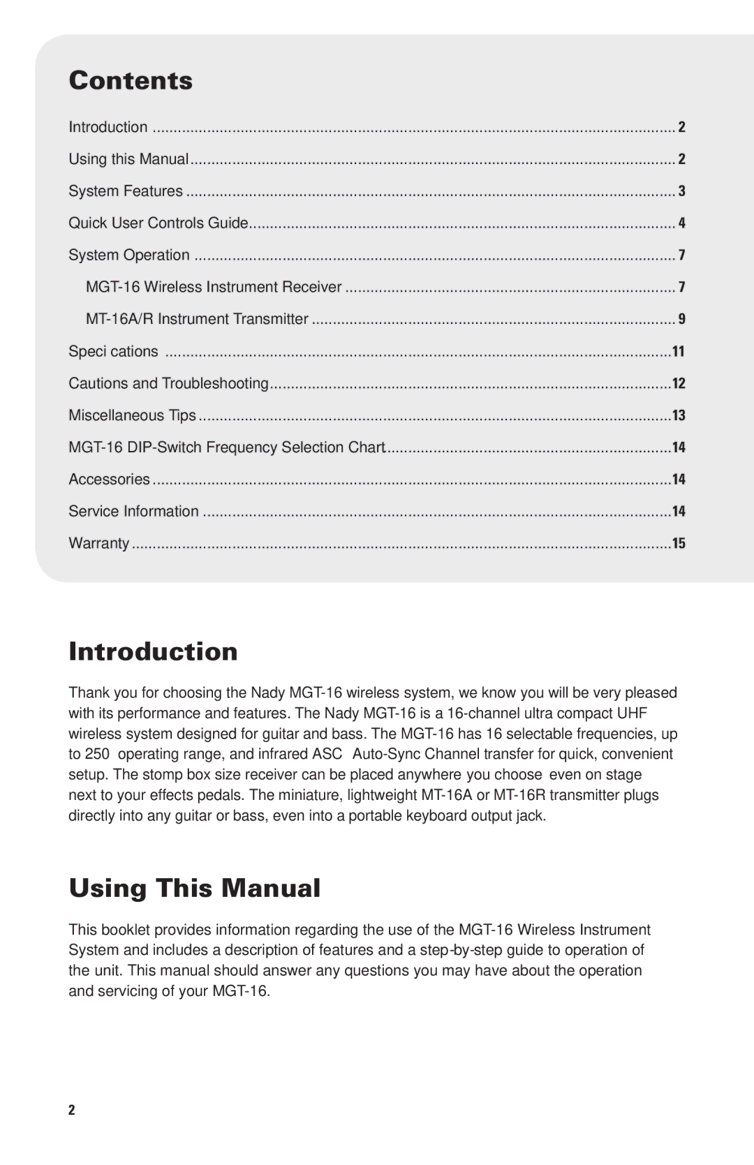 Nady Systems MGT16A, MGT16R owner manual Contents, Introduction, Using This Manual 