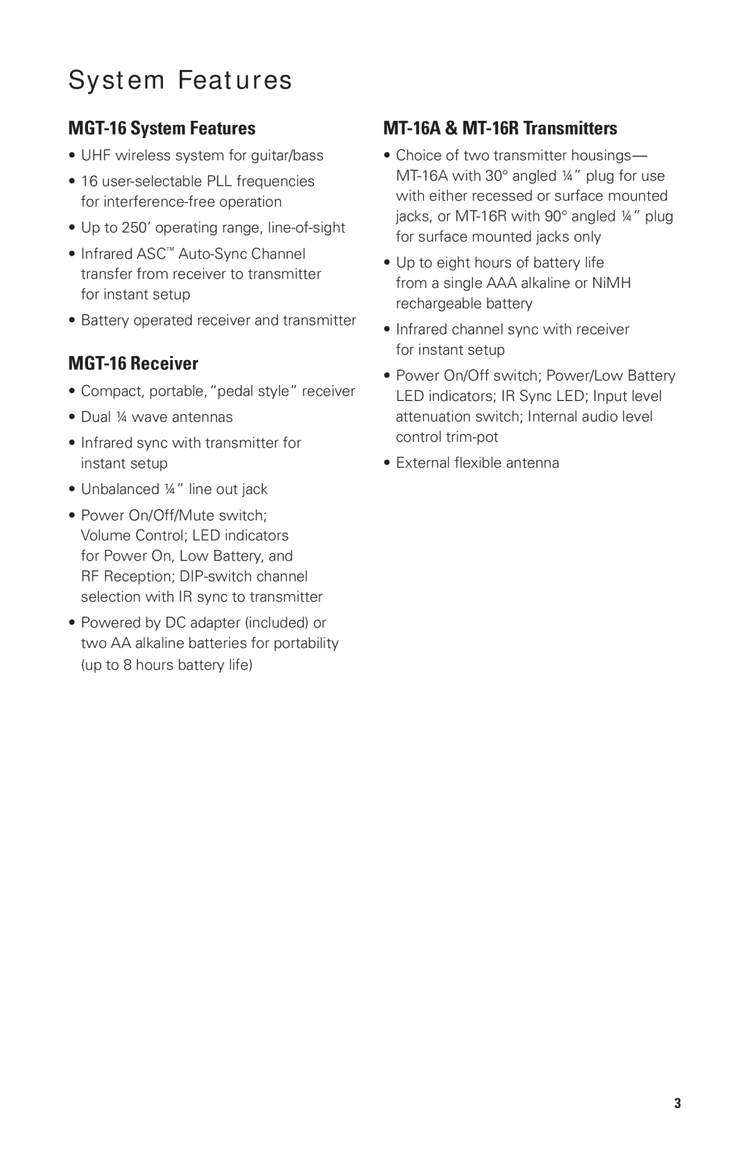 Nady Systems MGT16R, MGT16A owner manual MGT-16 System Features, MGT-16 Receiver, MT-16A & MT-16R Transmitters 