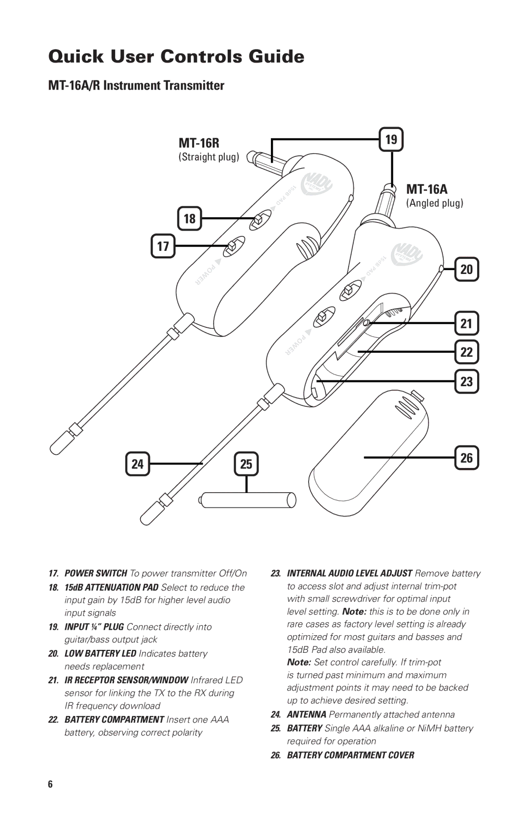 Nady Systems MGT16R, MGT16A owner manual MT-16A/R Instrument Transmitter MT-16R, 2425 