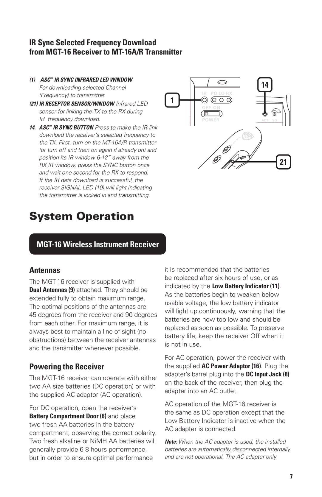 Nady Systems MGT16R, MGT16A owner manual System Operation, Antennas, Powering the Receiver 