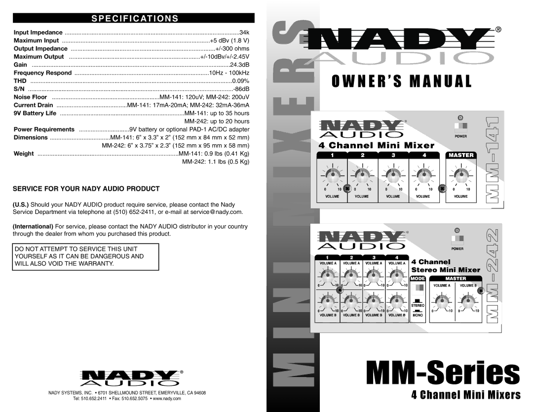 Nady Systems MM owner manual E C I F I C At I O N S, Service for Your Nady Audio Product 