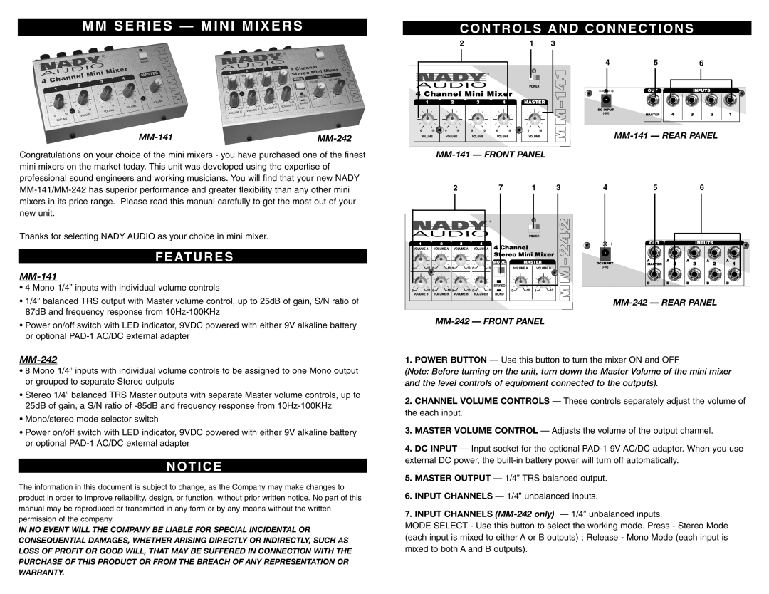 Nady Systems owner manual N T R O L S a N D C O N N E C T I O N S, At U R E S, T I C E, MM-141, MM-242 