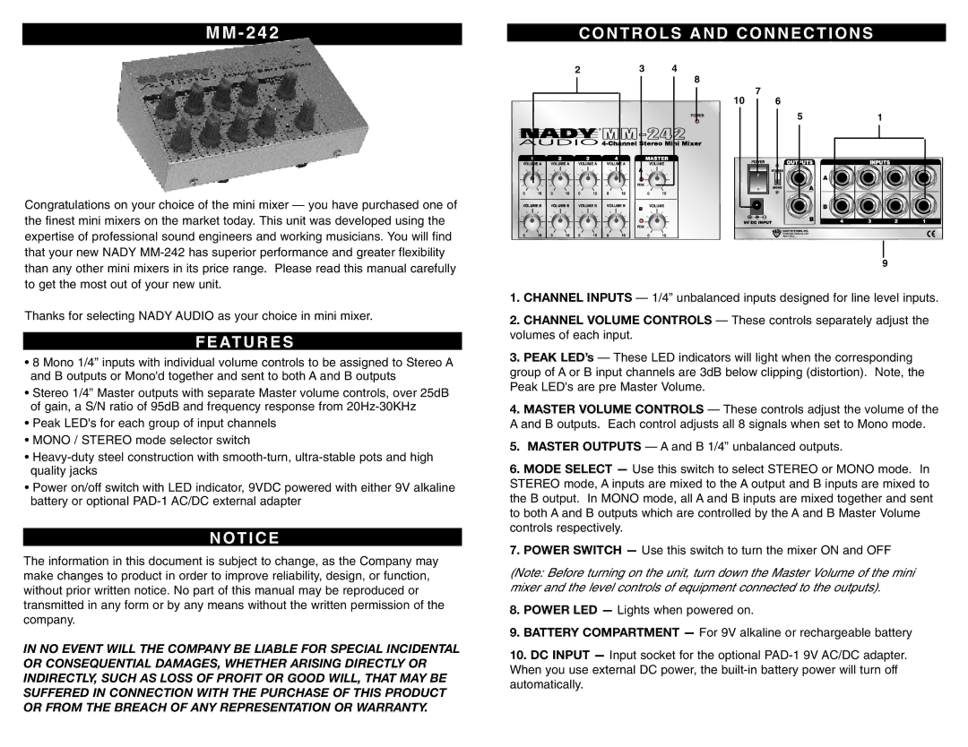 Nady Systems MM242 owner manual N T R O L S a N D C O N N E C T I O N S, At U R E S, T I C E 