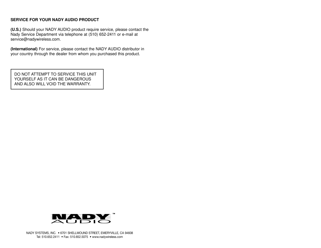 Nady Systems MM4 owner manual Service for Your Nady Audio Product 