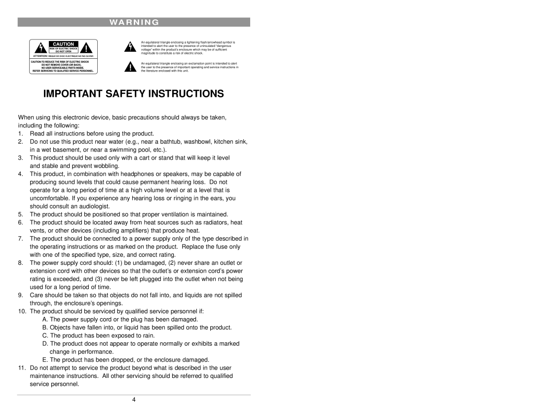 Nady Systems MM4 owner manual Important Safety Instructions, Wa R N I N G 