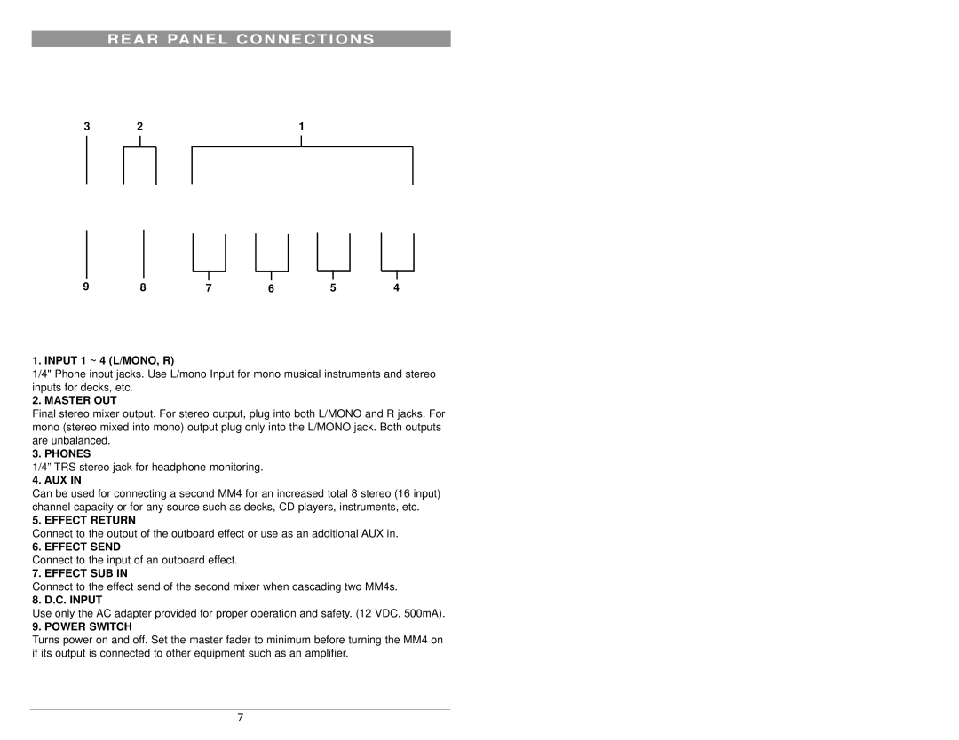 Nady Systems MM4 owner manual A R Pa N E L C O N N E C T I O N S, Input 1 ~ 4 L/MONO, R 