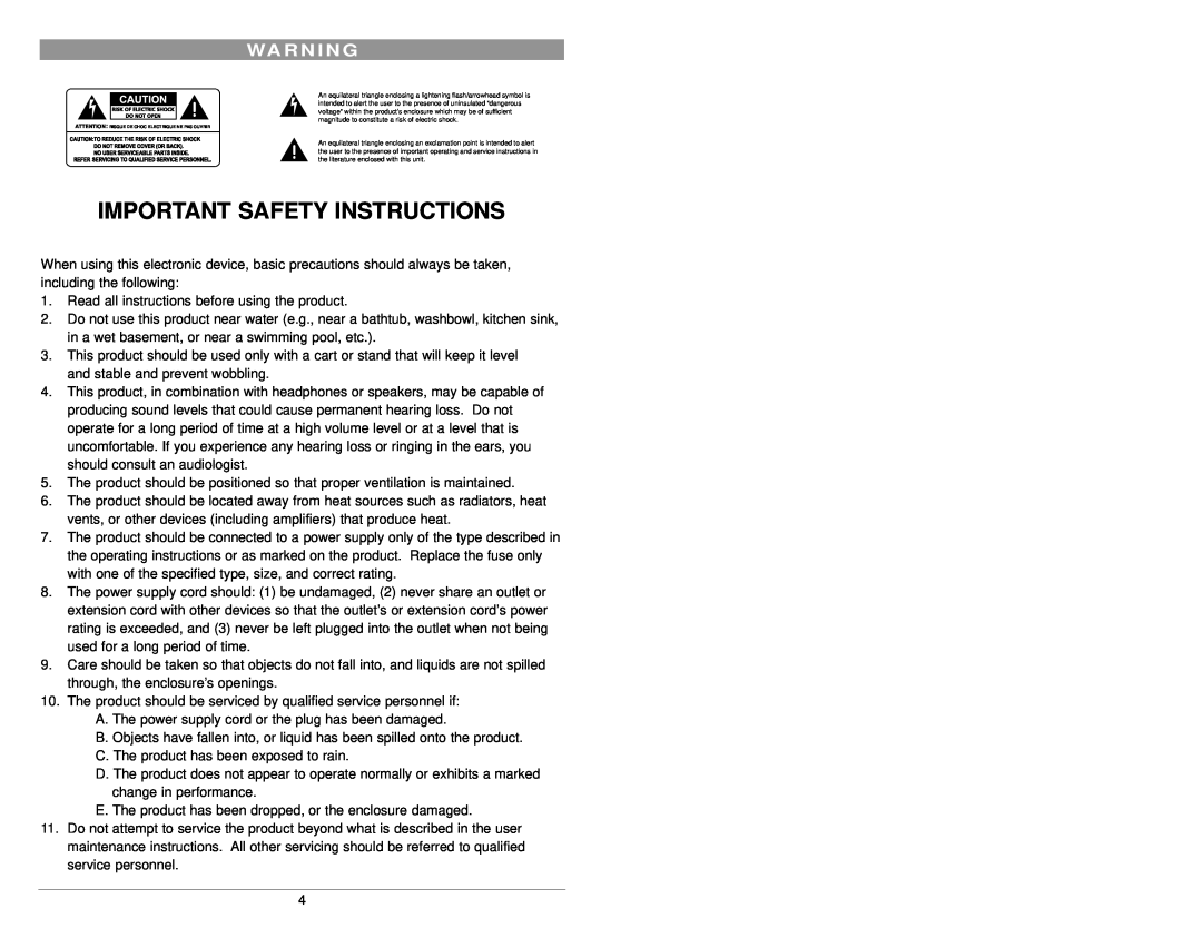 Nady Systems MM4 owner manual Wa R N I N G, Important Safety Instructions 