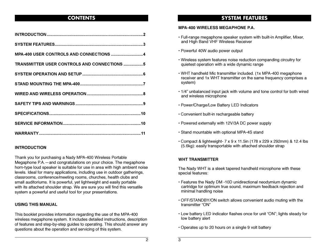 Nady Systems MPA-400 owner manual Contents, System Features 