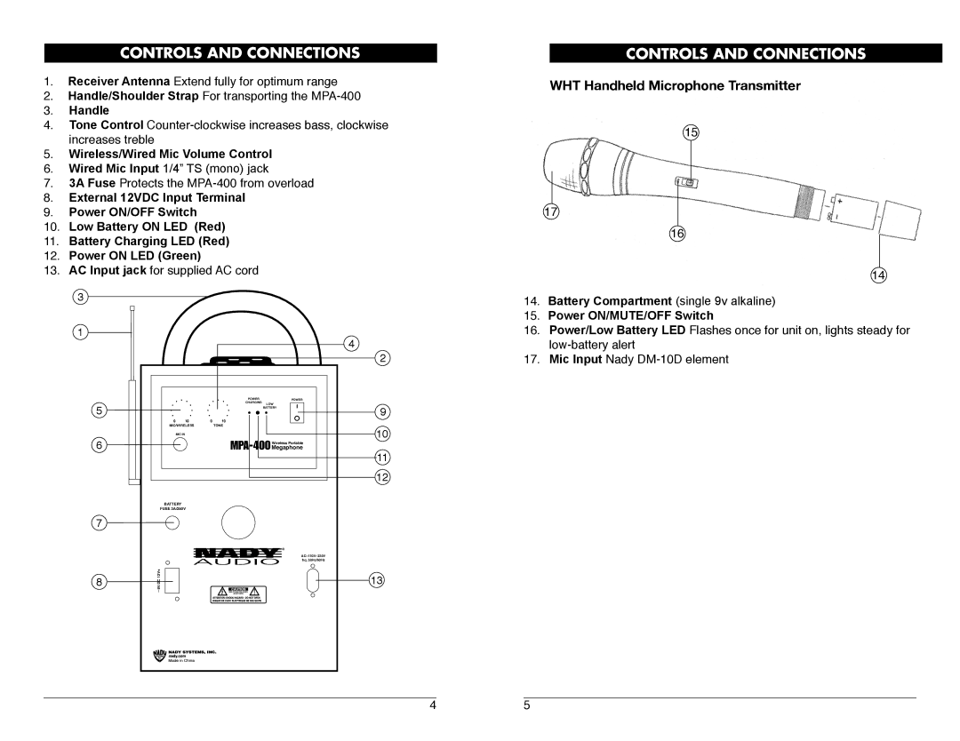 Nady Systems MPA-400 owner manual Controls and Connections, WHT Handheld Microphone Transmitter 