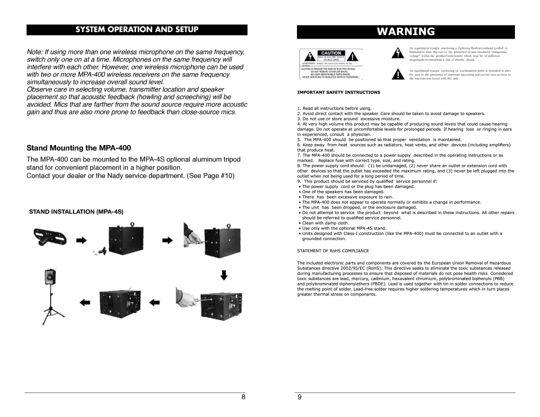 Nady Systems owner manual Stand Mounting the MPA-400 