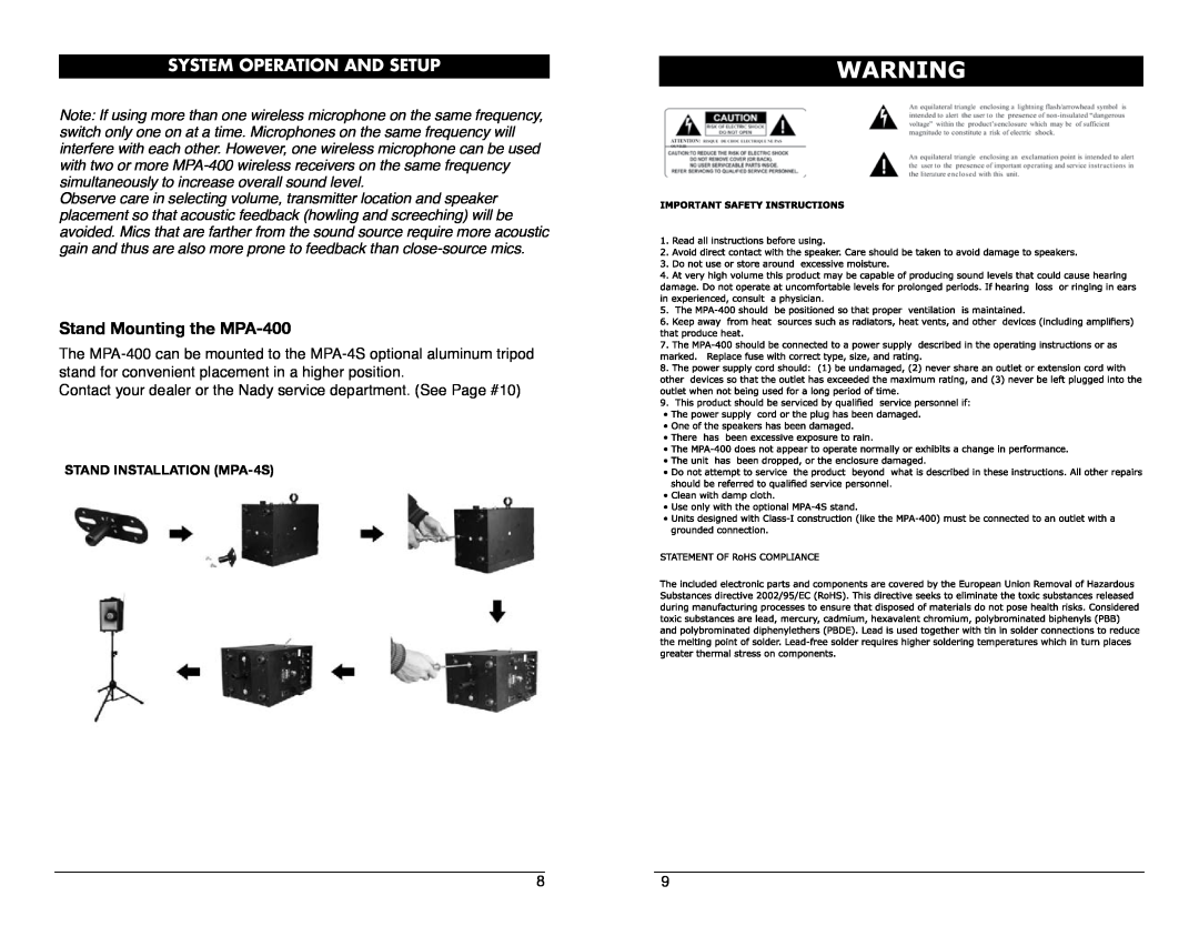 Nady Systems owner manual Stand Mounting the MPA-400, System Operation And Setup 
