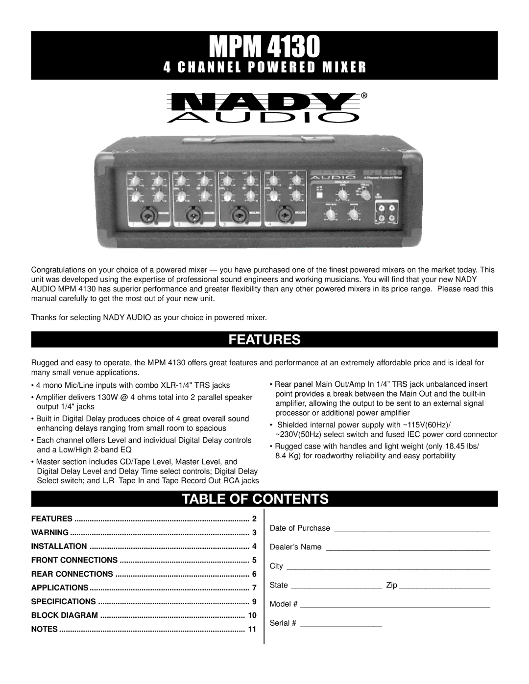 Nady Systems MPM 4130 owner manual Features, Table of Contents 