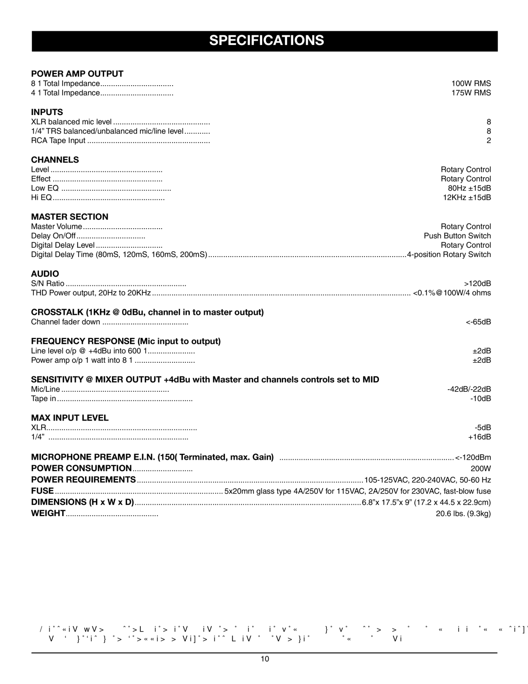 Nady Systems MPM 8175 owner manual Specifications, Master Section 